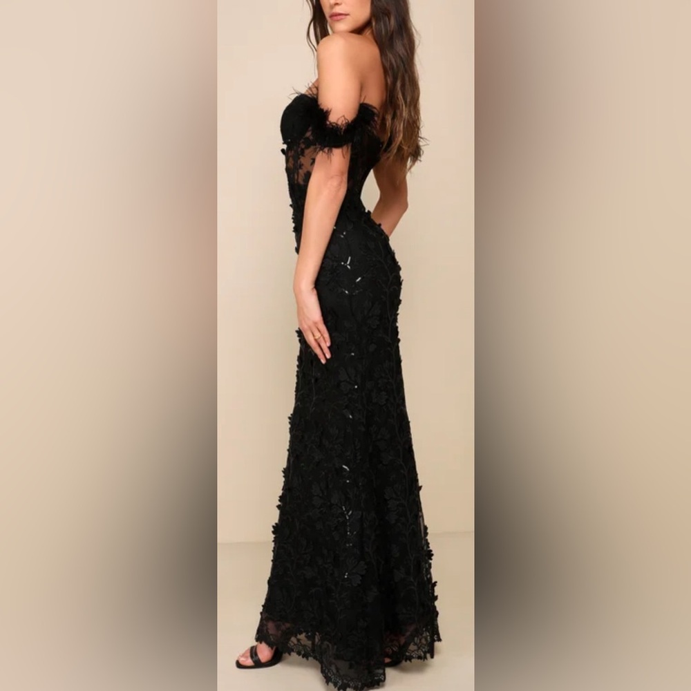 Lulus Midnight Sparkle Black Embroidered Feather Bustier Maxi Dress Sz medium - Picture 3 of 9